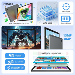 2K Android 15 Tablette, 36GB RAM+512GB ROM (2TB TF), 4G LTE+5G WiFi, Tablet 10,6 Pouces, Octa-Core, 2000 * 1200FHD, 8000mAh, 13M