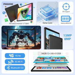 2K Android 15 Tablette, 36GB RAM+512GB ROM (2TB TF), 4G LTE+5G WiFi, Tablet 10,6 Pouces, Octa-Core, 2000 * 1200FHD, 8000mAh, 13M