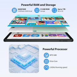 2K Android 15 Tablette, 36GB RAM+512GB ROM (2TB TF), 4G LTE+5G WiFi, Tablet 10,6 Pouces, Octa-Core, 2000 * 1200FHD, 8000mAh, 13M