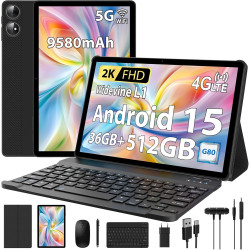 2k tablette 11 pouces, 36gb ram+512gb rom (2tb tf), android 15, 4g sim lte+5g wifi, octa-core, 2000 * 1200, 9580mah, 13mp+8mp, w