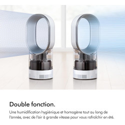 Dyson AM10 Humidificateur et ventilateur, brume froide ultra-fine, contrôle automatique de l’humidité, Blanc/Argent
