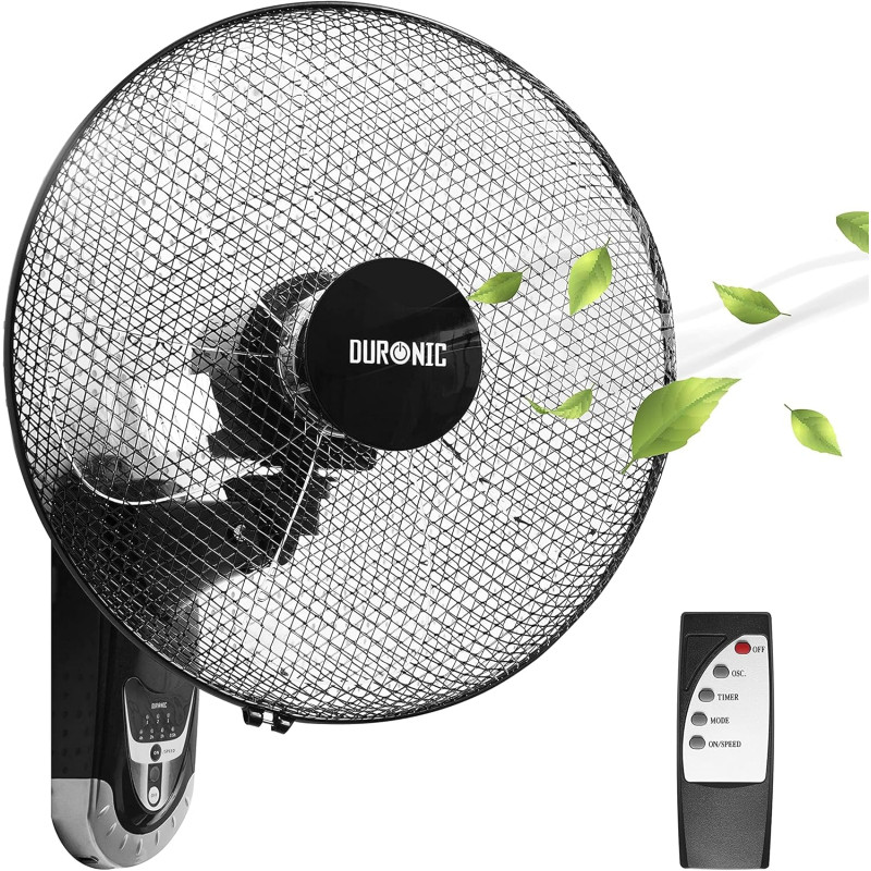 Duronic FN55 BK Ventilateur mural 60W | 5 Pâles de 40cm | Tête oscillante avec minuteur | 3 Vitesses | Télécommande | Moteur pui