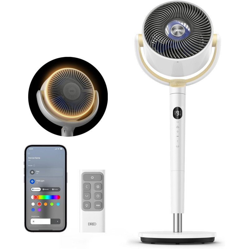 Dreo 23dB Intelligent ventilateur sur pied silencieux, 24M portée, volume d'air 1200m³/h, turbo circulateur, 102CM hauteur, 6 mo