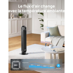 DREO 20dB ventilateur colonne silencieux, Vitesse 7,6 m/s - Oscillant à 90° ventilateurs tour pour chambre, 92 cm de haut, Téléc