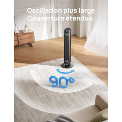 DREO 20dB ventilateur colonne silencieux, Vitesse 7,6 m/s - Oscillant à 90° ventilateurs tour pour chambre, 92 cm de haut, Téléc