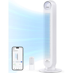DREO Ventilateur tour intelligent avec fonction WiFi, ventilateur silencieux avec contrôle vocal et télécommande, oscillation à 