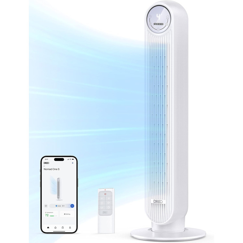 DREO Ventilateur tour intelligent avec fonction WiFi, ventilateur silencieux avec contrôle vocal et télécommande, oscillation à 