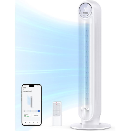 DREO Ventilateur tour intelligent avec fonction WiFi, ventilateur silencieux avec contrôle vocal et télécommande, oscillation à 