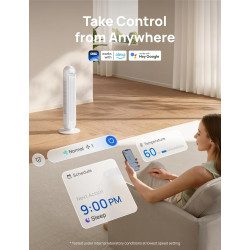 DREO Ventilateur tour intelligent avec fonction WiFi, ventilateur silencieux avec contrôle vocal et télécommande, oscillation à 