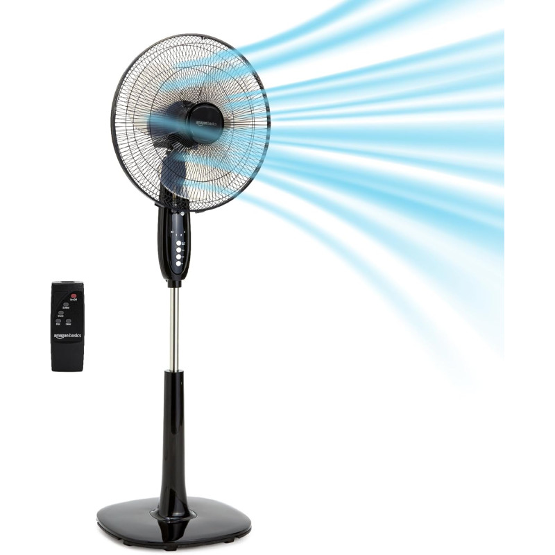 Amazon Basics Ventilateur sur Pied 40 cm avec Télécommande, pour Chambre, Salon, Bureau, 3 Vitesses, 3 Modes, Minuterie, Pales D