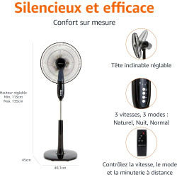 Amazon Basics Ventilateur sur Pied 40 cm avec Télécommande, pour Chambre, Salon, Bureau, 3 Vitesses, 3 Modes, Minuterie, Pales D