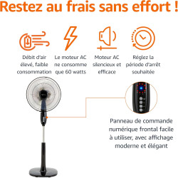 Amazon Basics Ventilateur sur Pied 40 cm avec Télécommande, pour Chambre, Salon, Bureau, 3 Vitesses, 3 Modes, Minuterie, Pales D