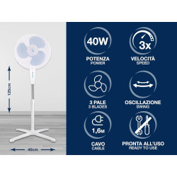 BEPER P206VEN103 Ventilateur sur pied 3 pales, hauteur réglable jusqu'à 125 cm, 3 vitesses, oscillation automatique, montage fac