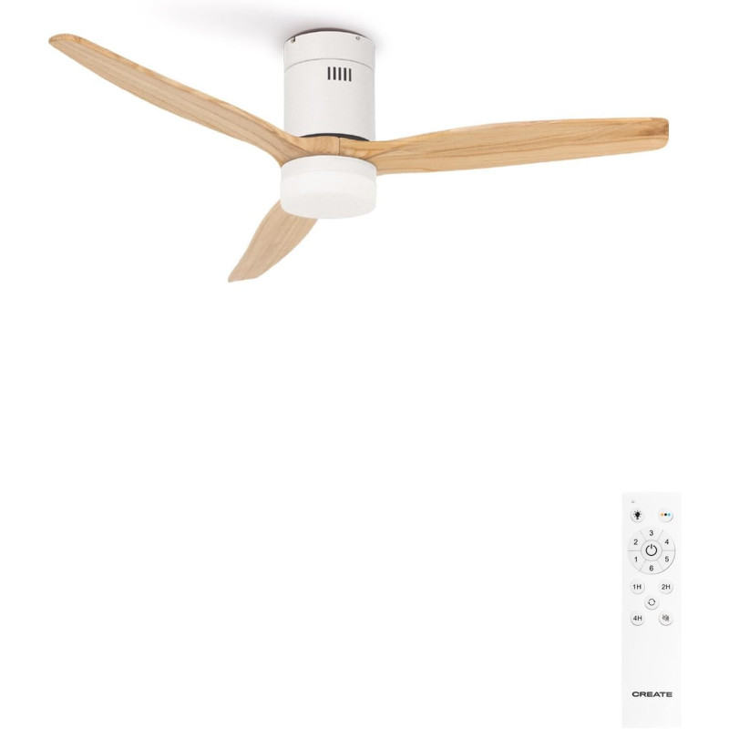 CREATE / WINDCALM M/Ventilateur de plafond ABS avec lumière et télécommande blanc pales effet bois clair / 40W, Silencieux, Ø132