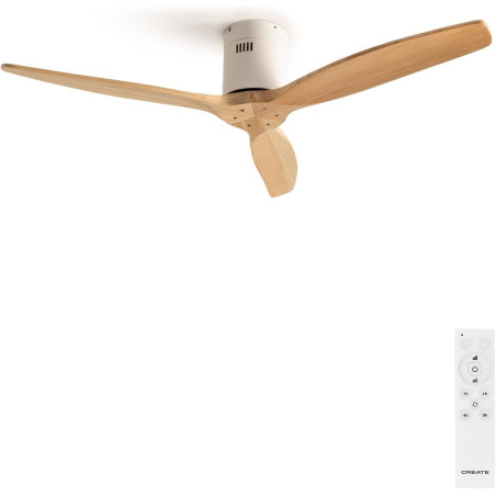 CREATE / WINDCALM M/Ventilateur de plafond ABS avec télécommande blanc pales effet bois clair / 40W, Silencieux, Ø132 cm, 6 vite