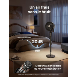 DREO Ventilateur sur Pied Silencieux pour Chambre [Amélioré], Flux d’Air 27m, 20dB, Oscillation 90°, Moteur DC, 8 Vitesses, 3 Mo