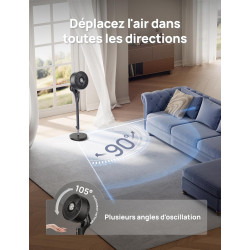 DREO Ventilateur sur Pied Silencieux pour Chambre [Amélioré], Flux d’Air 27m, 20dB, Oscillation 90°, Moteur DC, 8 Vitesses, 3 Mo