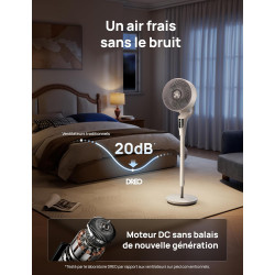 DREO Ventilateur sur Pied Silencieux pour Chambre [Amélioré], Flux d’Air 27m, 20dB, Oscillation 90°, Moteur DC, 8 Vitesses, 3 Mo