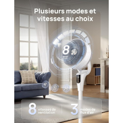 DREO Ventilateur sur Pied Silencieux pour Chambre [Amélioré], Flux d’Air 27m, 20dB, Oscillation 90°, Moteur DC, 8 Vitesses, 3 Mo