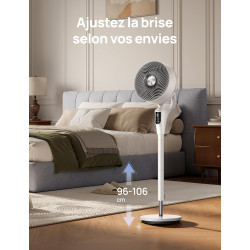 DREO Ventilateur sur Pied Silencieux pour Chambre [Amélioré], Flux d’Air 27m, 20dB, Oscillation 90°, Moteur DC, 8 Vitesses, 3 Mo