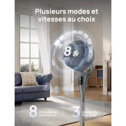 DREO Ventilateur sur Pied Silencieux pour Chambre [Amélioré], Flux d’Air 27m, 20dB, Oscillation 90°, Moteur DC, 8 Vitesses, 3 Mo