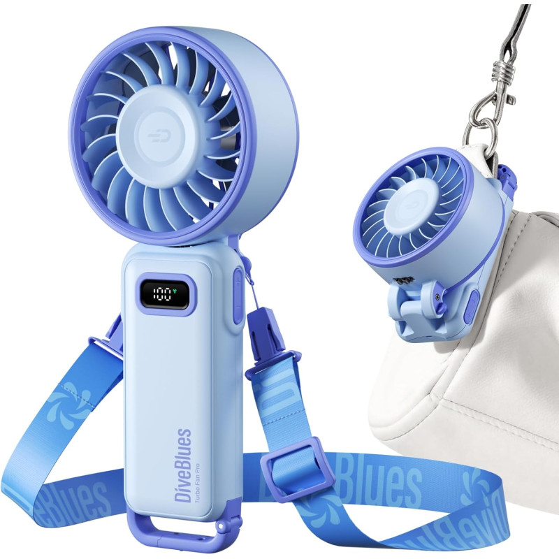 Divebleus - ventilateur portable compact et élégant avec batterie - usage main, bureau, cou ou pliable - ventilation jusqu'à 12 