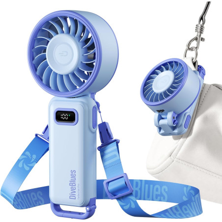 Divebleus - ventilateur portable compact et élégant avec batterie - usage main, bureau, cou ou pliable - ventilation jusqu'à 12 