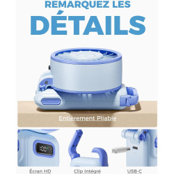Divebleus - ventilateur portable compact et élégant avec batterie - usage main, bureau, cou ou pliable - ventilation jusqu'à 12 