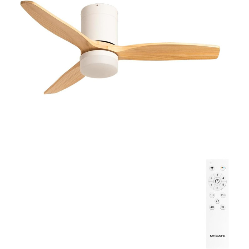 CREATE / WINDCALM S/Ventilateur de plafond ABS avec lumière blanc, pales effet bois clair et télécommande / 40W, Silencieux, Ø11