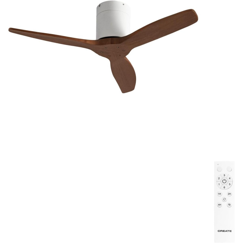 CREATE WINDCALM S Ventilateur de plafond ABS blanc, pales effet bois foncé avec télécommande, 40 W, silencieux, Ø112 cm, 6 vites