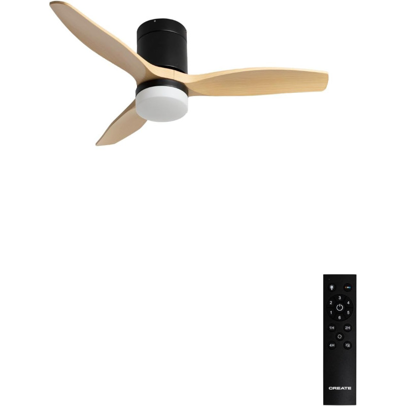 CREATE WINDCALM S Ventilateur de plafond ABS avec lumière noire, pales effet bois clair avec télécommande, 40 W, silencieux, Ø11