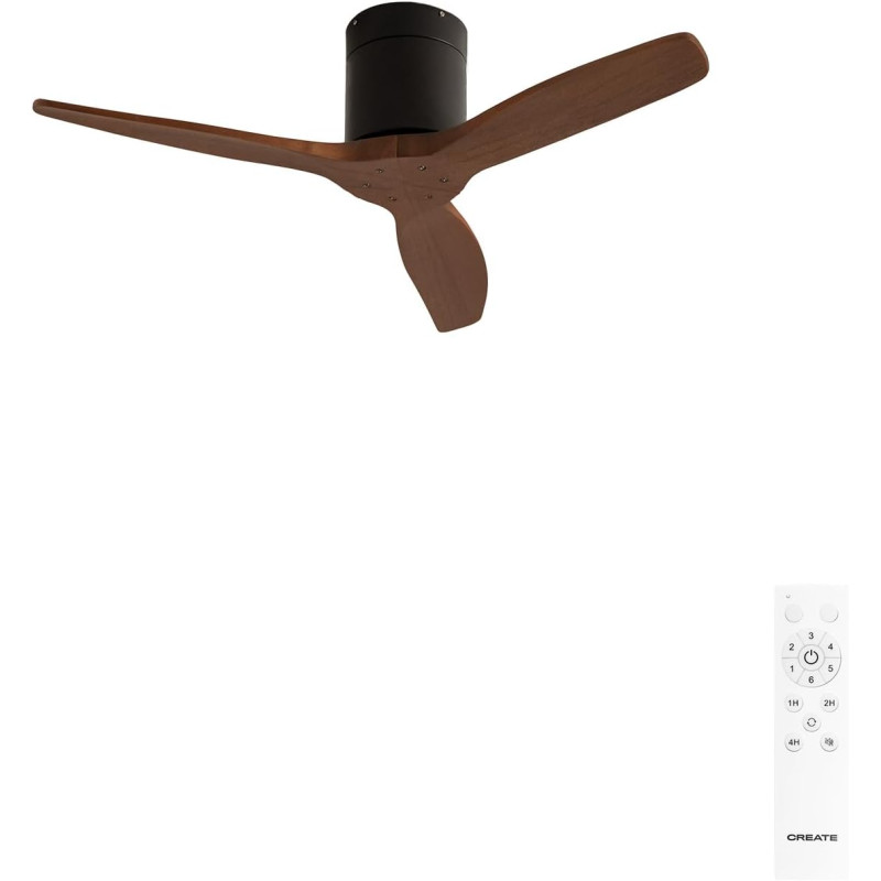 CREATE WINDCALM S Ventilateur de plafond ABS noir pales effet bois foncé avec télécommande, 40 W, silencieux, Ø112 cm, 6 vitesse