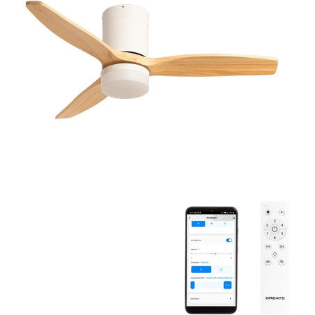 CREATE / WINDCALM S/Ventilateur de plafond ABS avec lumière blanc, pales effet bois clair, Wifi et télécommande / 40W, Silencieu