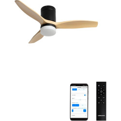 CREATE WINDCALM S Ventilateur de plafond ABS avec lumière, pales noires effet bois clair avec Wifi et télécommande, 40 W, silenc