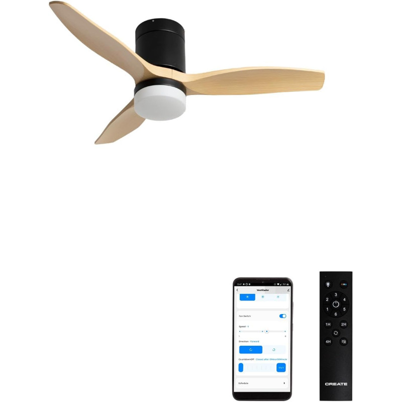 CREATE WINDCALM S Ventilateur de plafond ABS avec lumière, pales noires effet bois clair avec Wifi et télécommande, 40 W, silenc