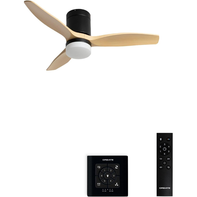 CREATE WINDCALM S Ventilateur de plafond ABS avec lumière, pales noires effet bois clair avec contrôleur et télécommande, 40 W, 