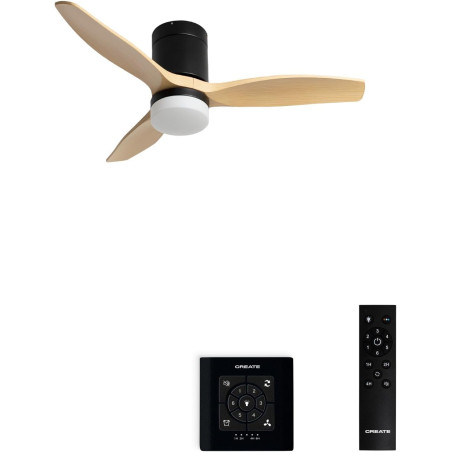 CREATE WINDCALM S Ventilateur de plafond ABS avec lumière, pales noires effet bois clair avec contrôleur et télécommande, 40 W, 