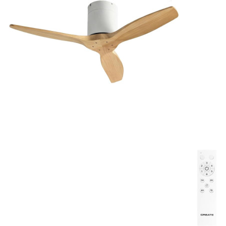 CREATE WINDCALM S Ventilateur de plafond ABS blanc, pales effet bois clair avec télécommande, 40 W, silencieux, Ø112 cm, 6 vites