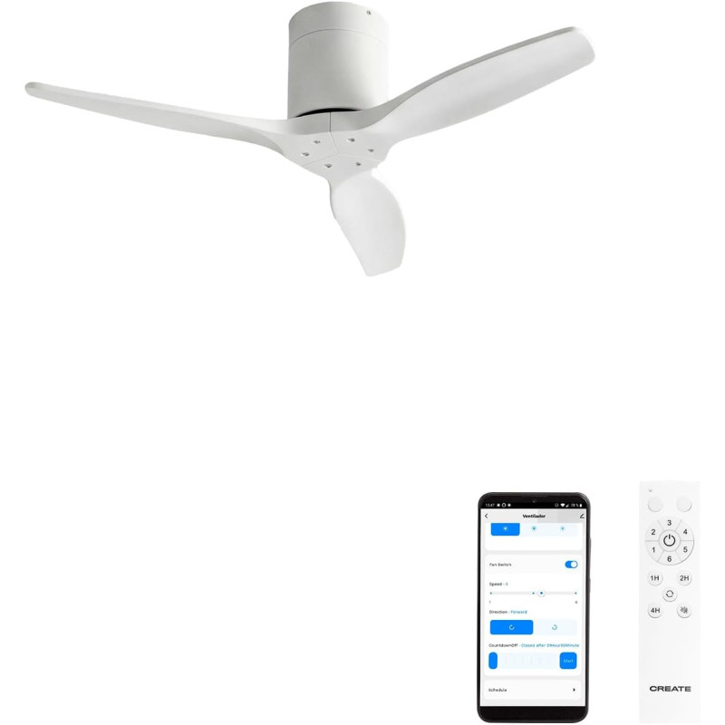 CREATE WINDCALM S Ventilateur de plafond ABS blanc avec Wi-Fi et télécommande, 40 W, silencieux, Ø112 cm, 6 vitesses, minuteur, 