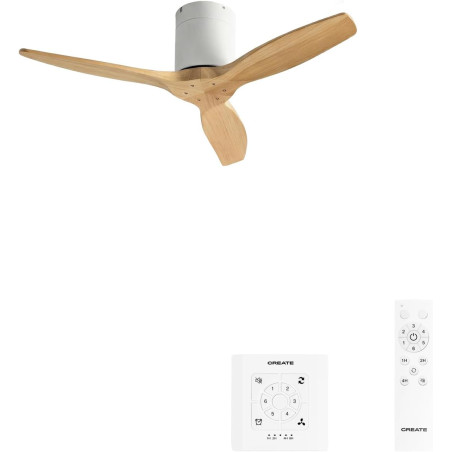CREATE / WINDCALM S/ Ventilateur de plafond ABS blanc avec pales effet bois clair, contrôleur et télécommande / 40W, Minuterie, 