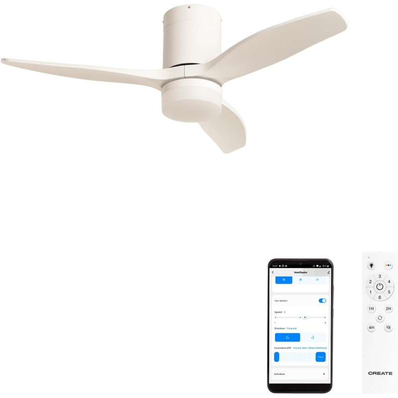 CREATE / WINDCALM S/Ventilateur de plafond ABS avec lumière blanc avec Wifi et télécommande / 40W, Silencieux, Ø112 cm, 6 vitess