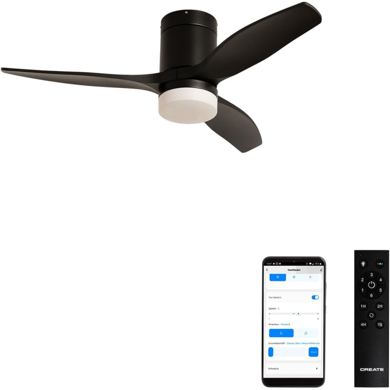 CREATE / WINDCALM S/Ventilateur de plafond ABS avec lumière noir avec Wifi et télécommande / 40W, Silencieux, Ø112 cm, 6 vitesse