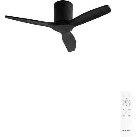 CREATE WINDCALM S Ventilateur de plafond ABS noir avec télécommande, 40 W, silencieux, Ø112 cm, 6 vitesses, minuteur, fonction é