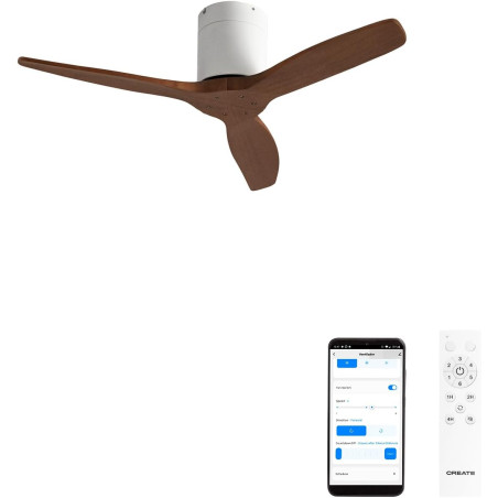 CREATE WINDCALM S Ventilateur de plafond ABS blanc pales effet bois foncé avec Wi-Fi et télécommande, 40 W, silencieux, Ø112 cm,
