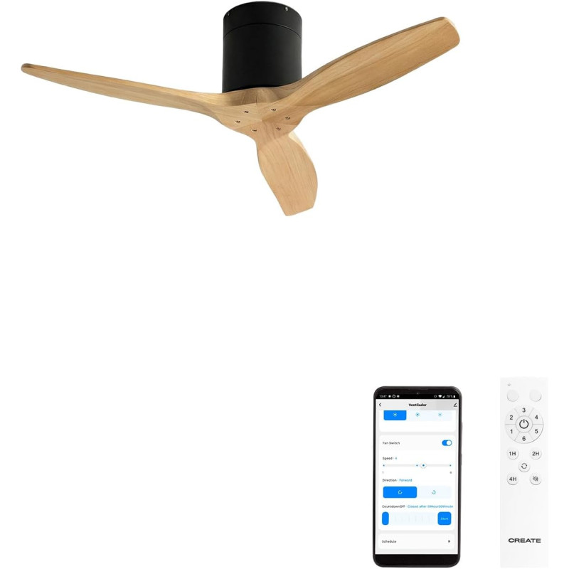 CREATE WINDCALM S Ventilateur de plafond ABS noir pales effet bois clair avec Wi-Fi et télécommande, 40 W, silencieux, Ø112 cm, 