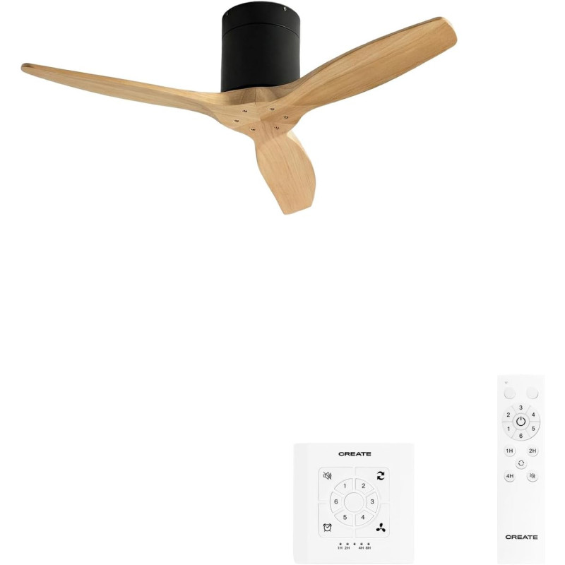 CREATE WINDCALM S Ventilateur de plafond ABS noir pales effet bois clair avec contrôleur et télécommande, 40 W, silencieux, Ø112
