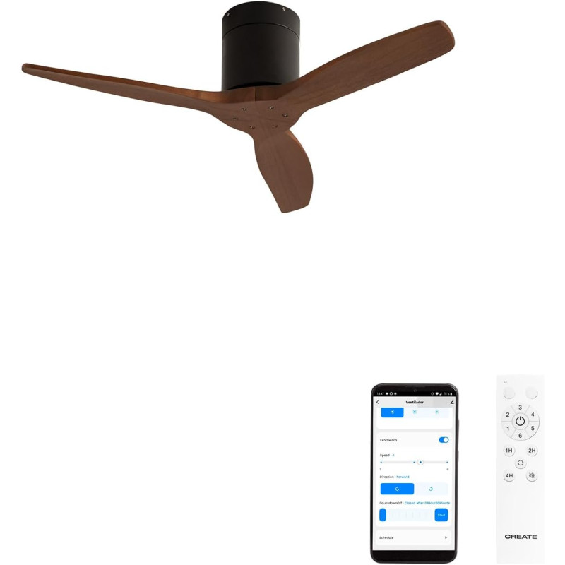 CREATE WINDCALM S Ventilateur de plafond ABS noir, pales effet bois foncé avec Wifi et télécommande, 40 W, silencieux, Ø112 cm, 