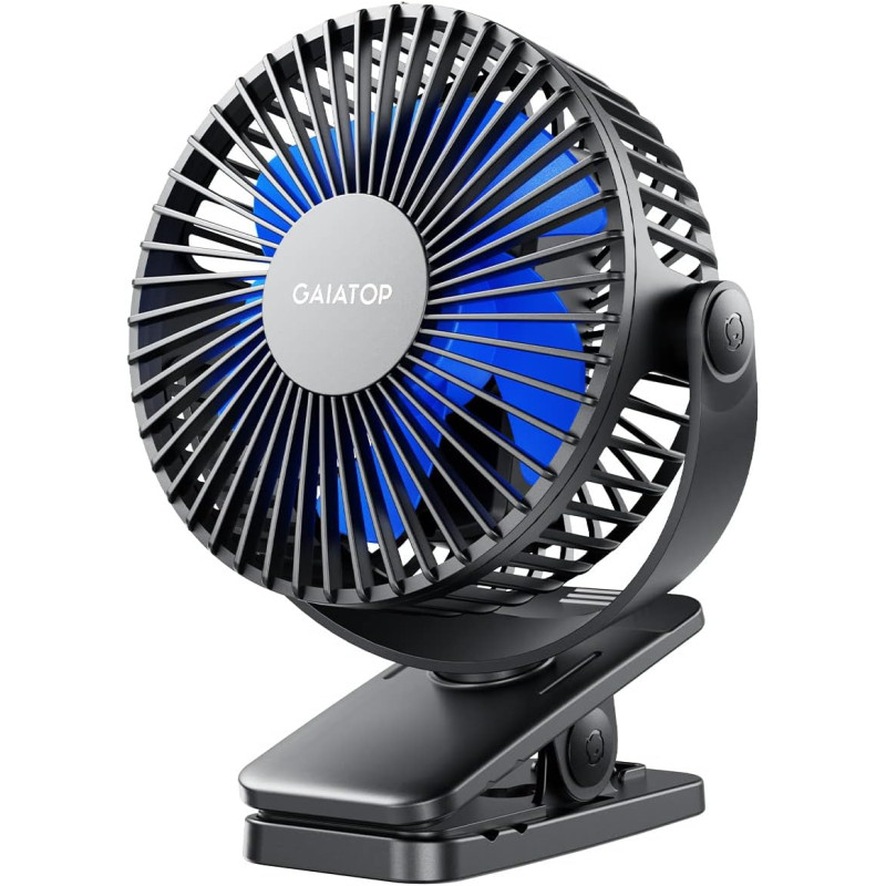 Gaiatop Ventilateur portable à clipser à piles, petit ventilateur de bureau USB puissant, 3 vitesses, silencieux, rechargeable, 