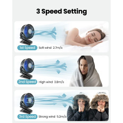 Gaiatop Ventilateur portable à clipser à piles, petit ventilateur de bureau USB puissant, 3 vitesses, silencieux, rechargeable, 
