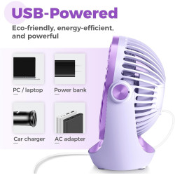 OCOOPA Ventilateur USB - Petit ventilateur de table avec flux d'air puissant et fonctionnement silencieux - 3 vitesses - Tête ro